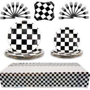 81 قطعة من لوازم الحفلات ذات المربعات باللونين الأبيض والأسود، أطباق ورقية وشوك ومناديل مستطيلة ومفرش طاولة للسباقات الرياضية تحت عنوان أواني الطعام للأطفال الأولاد وأعياد ميلاد الطفل وديكور المنزل، تكفي 20 شخصًا in Kuwait