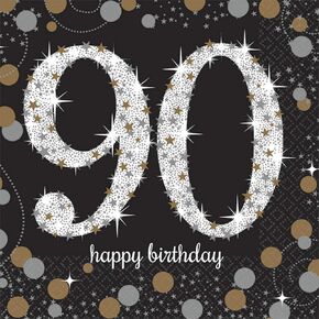 Sparkling Celebration 90th Beverage Napkins (5" x 5") Packs Of 16 - Gold, Silver & Black Elegance - Perfect For 60th Birthday Parties