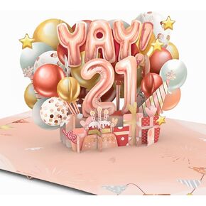Liif Happy 21st Birthday Card, Birthday Card For 21 Years Old For Girl, Daughter, Granddaughter, Niece | Age Twenty-One - Pink Balloons Celetration | With Message Note & Envelop | Size 7 x 5 Inch