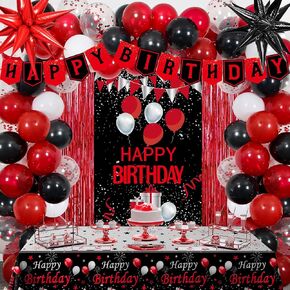 Red Birthday Decorations for Men Women, 80 PCS Red and Black Party Decorations for Boys Girls Happy Birthday Decorations Door Banner, Tablecloth Foil Backdrop Star Balloons for Men Bday Party Supplies