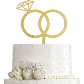 JIEEIN Diamond Ring Cake Topper, Mirror Gold Acrylic Cake Topper for Engagement/Wedding/Bridal Shower/Valentine Party Decoration
