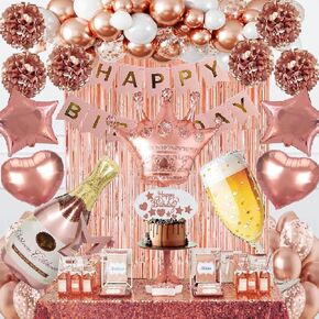 Rose Gold Birthday Party Supplies Happy Birthday Banner Tissue Flowers Confetti Balloons Foil Curtain for 18th 21st 30th 40th 50th Girls Women Birthday Decorations