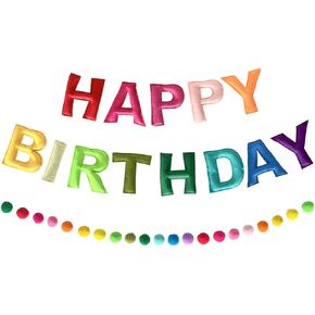2 Pcs 118 Inch Pre Strung Happy Birthday Felt Fabric Banner Felt Ball Garland Reusable Natural Handmade Felt Letters & Balls Happy Birthday Sign for Birthday Party Decor(Rainbow Color)