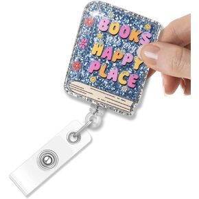 Books are My Happy Place Glitter Retractable Badge Holder, Funny Book ID Card Badge Reel Gifts for Book Lover Book Worm Reading Lover, Cute Bookish Gifts for Reader Writer Teacher Student
