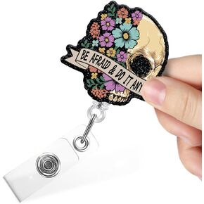 Be Afraid and Do It Anyway Funny Floral Skull Retractable Badge Reel with Clip, Glitter Badge Holder for Paramedic Therapist Nurse Doctor Medical Assistant, Mental Health Gift for Social Worker