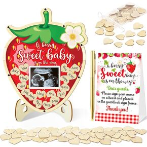 65 Pcs Strawberry Baby Shower Decorations Guest Book, Baby Shower Guest Book Alternatives with Photo Frame, 60 Wood Slices Berry Sweet Baby Shower Decorations for Grils Baby Shower