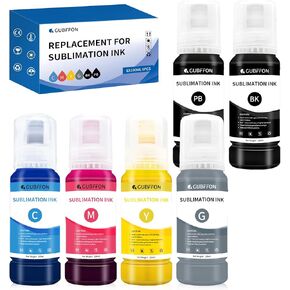 Sublimation Ink for Ecotank ET-8550 ET-8500 Wide Format Supertank Printers Heat Press Transfer on T-Shirt Tumblers(6x100ml BK PB C M Y GY) Auto-Fill ICC-Free