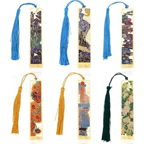 6pcs Bookmarks, Metal Bookmarks with Tassel Sunflowers The Starry Night Impression Sunrise Van Gogh's Oil Painting Aesthetic Reading Bookmarks for Kids Adults Teens Lovers Teachers Women