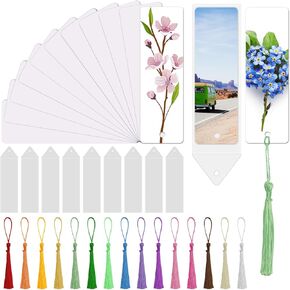 30 Sets Blank Sublimation Bookmarks Double Sided with Clear Bookmark Sleeves and Colorful Tassels for Crafts Heat Transfer Aluminum Metal DIY Bookmarks with Hole for Gifts