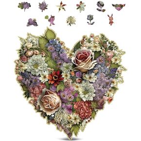 Flowers Wooden Puzzles for Adults – A3 Blooming Heart with 128 Pieces Wood Puzzles – Jigsaw Puzzles with Unique Animal Shapes – 10.8" x 10.8"