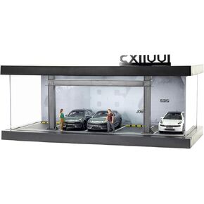 Display Case 1/64 Scale Diecast Parking Garage Moldel 1-Tires LED Light Model Car Show Case 5 Parking Spaces with Full Acrylic Cover Grey