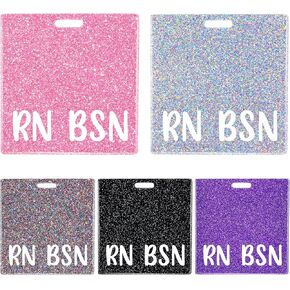 5 PCS RN Badge Buddy Card Holder - Nurse Nursing Accessories Registered Nurse Glitter Pink Black Colors Purple Sliver Horizontal ID Name Identification Tags for Hospital Medical Student Work