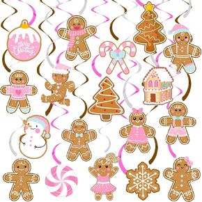 Christmas Gingerbread Man Hanging Swirls 20Pcs Gingerbread Theme Party Decorations Xmas Gingerbread Party Ceiling Swirls Pink Gingerbread Man Hanging Streamers for Winter Holiday Party Supplies