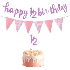 Happy 1/2 Birthday Banner Glitter Half Birthday 6 Months Happy Birthday Banner Happy Birthday Bunting Banner Birthday Party Decorations for Half Year Baby Shower, Pink