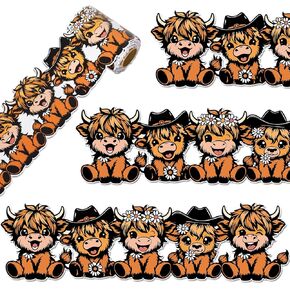 Whaline 32.8Ft Cartoon Highland Cow Bulletin Board Border Brown Cow Flower Die Cut Trim Border Roll for Classroom Home Party Supplies