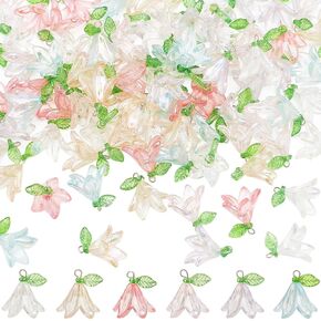SUNNYCLUE 90Pcs Acrylic Flowers Charms Lily Charms Bulk Flower Leaf Transparent Plastic Floral Leaves Small Vally Charms for Jewelry Making Charms Supplies Necklace Bracelet Keychains Earring Adults