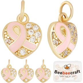 Beebeecraft 1 Box Ribbon Awareness Charms 18K Gold Plated Breast Cancer Hope Charm Pendants with Cubic Zirconia and Jump Rings for Earring Bracelet Necklace Jewelry Making