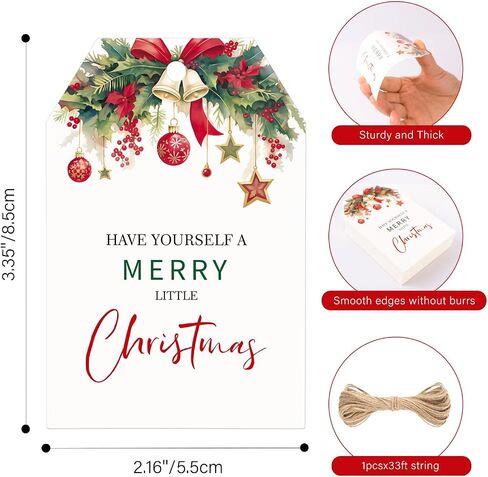 G2PLUS 50PCS Merry Christmas Tags, Have Yourself A Merry Little Christmas Tags, Watercolor Christmas Floral Gift Tags, Christmas Paper Gift Tags with String for Gift Wrapping, Holiday Party Favors in Saudi Arabia