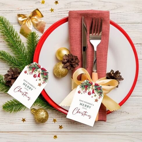 G2PLUS 50PCS Merry Christmas Tags, Have Yourself A Merry Little Christmas Tags, Watercolor Christmas Floral Gift Tags, Christmas Paper Gift Tags with String for Gift Wrapping, Holiday Party Favors in Saudi Arabia