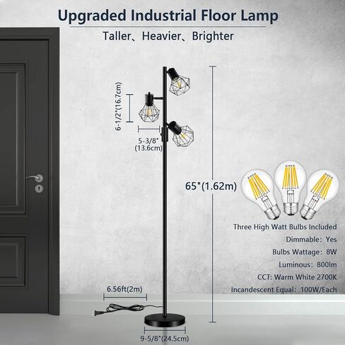 Industrial Floor Lamp Dimmable, Farmhouse Standing Lamp Tree Floor Light with Bright 3X 800LM LED Bulbs, 3-Light Adjustable Tall Lighting for Living Room Bedroom Office in Saudi Arabia