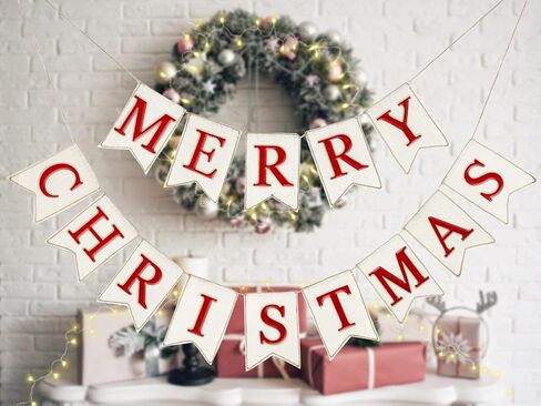 Whaline 2 قطعة عيد الميلاد الخيش راية شعرت عيد ميلاد سعيد راية الأخضر الأبيض قبل تجميعها عيد الميلاد الرايات إكليل الاحتفال شنقا زينة للمنزل لوازم الحفلات in Saudi Arabia