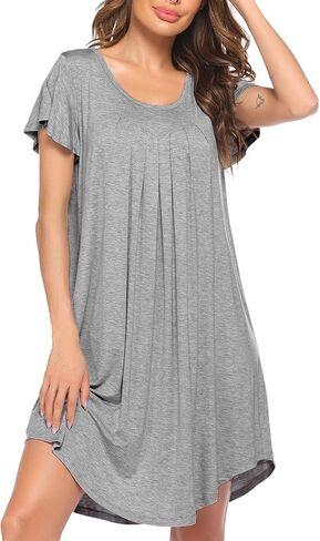 Ekouaer Womens Nightgown Soft Sleepwear Pleated Sleepshirt Sleep Dress Short Sleeve Nightdress S-3XL in Kuwait