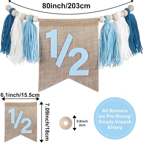 1/2 Birthday Boy Half Birthday Decorations High Chair Banner, 6 Month Girl Tassel Wood Bead Highchair Garland Blue in Saudi Arabia