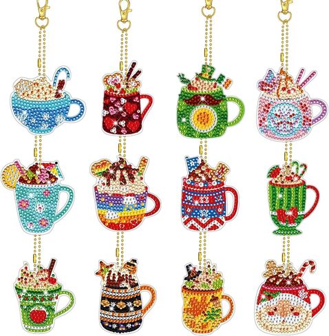 Ecation 12 جهاز كمبيوتر شخصى الموسم فنجان القهوة الماس اللوحة سلاسل المفاتيح 12 شهر 5D DIY الماس الفن سلاسل المفاتيح مهرجان مزدوج الوجهين الماس اللوحة حلية مجموعات للبالغين عطلة الديكور هدية in Kuwait