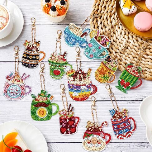 Ecation 12 جهاز كمبيوتر شخصى الموسم فنجان القهوة الماس اللوحة سلاسل المفاتيح 12 شهر 5D DIY الماس الفن سلاسل المفاتيح مهرجان مزدوج الوجهين الماس اللوحة حلية مجموعات للبالغين عطلة الديكور هدية in Kuwait