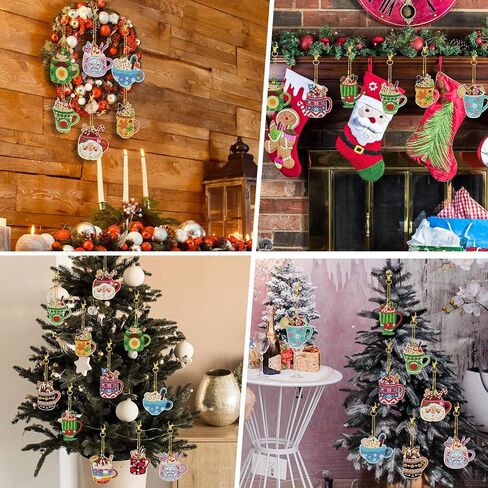 Ecation 12 جهاز كمبيوتر شخصى الموسم فنجان القهوة الماس اللوحة سلاسل المفاتيح 12 شهر 5D DIY الماس الفن سلاسل المفاتيح مهرجان مزدوج الوجهين الماس اللوحة حلية مجموعات للبالغين عطلة الديكور هدية in Kuwait