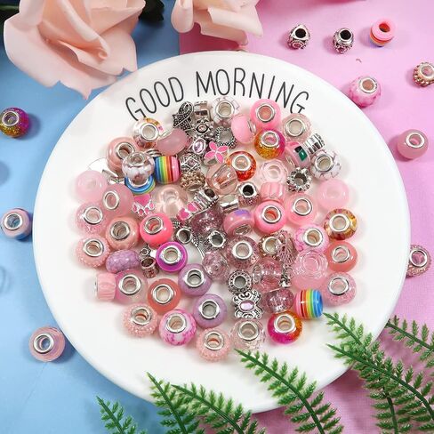 TOAOB 100pcs Assorted Glass European Large Holes Beads Spacer Lampwork Craft Beads Rhinestone Metal Beads for DIY Charms Bracelet Necklace Jewelry Making in Saudi Arabia
