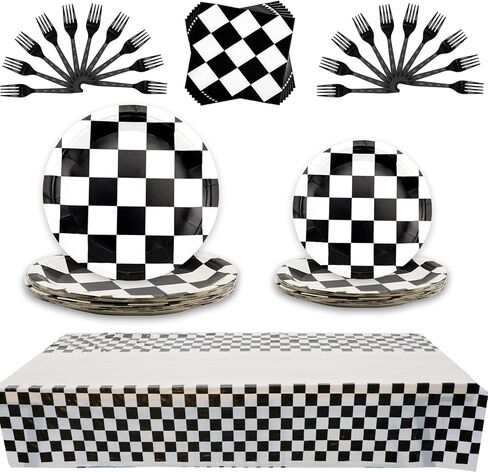 81 قطعة من لوازم الحفلات ذات المربعات باللونين الأبيض والأسود، أطباق ورقية وشوك ومناديل مستطيلة ومفرش طاولة للسباقات الرياضية تحت عنوان أواني الطعام للأطفال الأولاد وأعياد ميلاد الطفل وديكور المنزل، تكفي 20 شخصًا in Kuwait