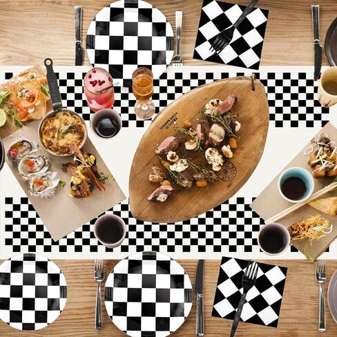 81 قطعة من لوازم الحفلات ذات المربعات باللونين الأبيض والأسود، أطباق ورقية وشوك ومناديل مستطيلة ومفرش طاولة للسباقات الرياضية تحت عنوان أواني الطعام للأطفال الأولاد وأعياد ميلاد الطفل وديكور المنزل، تكفي 20 شخصًا in Kuwait