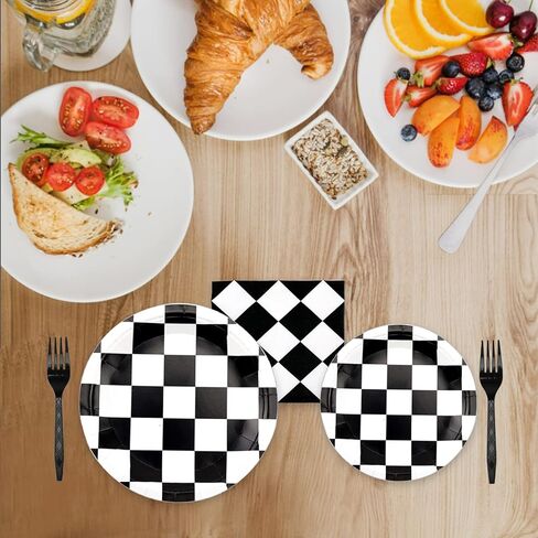 81 قطعة من لوازم الحفلات ذات المربعات باللونين الأبيض والأسود، أطباق ورقية وشوك ومناديل مستطيلة ومفرش طاولة للسباقات الرياضية تحت عنوان أواني الطعام للأطفال الأولاد وأعياد ميلاد الطفل وديكور المنزل، تكفي 20 شخصًا in Kuwait