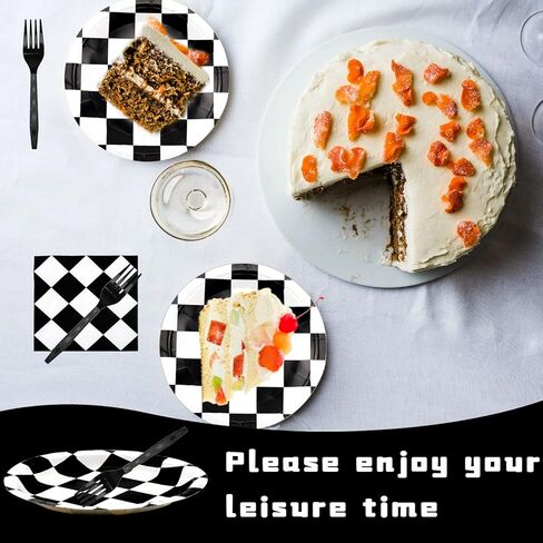 81 قطعة من لوازم الحفلات ذات المربعات باللونين الأبيض والأسود، أطباق ورقية وشوك ومناديل مستطيلة ومفرش طاولة للسباقات الرياضية تحت عنوان أواني الطعام للأطفال الأولاد وأعياد ميلاد الطفل وديكور المنزل، تكفي 20 شخصًا in Kuwait