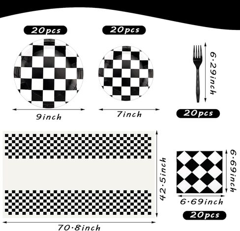 81 قطعة من لوازم الحفلات ذات المربعات باللونين الأبيض والأسود، أطباق ورقية وشوك ومناديل مستطيلة ومفرش طاولة للسباقات الرياضية تحت عنوان أواني الطعام للأطفال الأولاد وأعياد ميلاد الطفل وديكور المنزل، تكفي 20 شخصًا in Kuwait