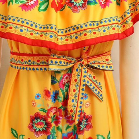 Women Mexican Dress Summer Floral Print Traditional Ethnic Wear Off Shoulder Beach Holiday Party Long Maxi Gowns in Saudi Arabia