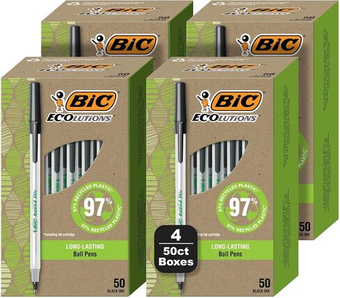 BIC Ecolutions Round Stic Ballpoint Pens, Medium Point (1.0mm), 200-Count Pack, Black Ink Pens Made from 97% Recycled Plastic in Saudi Arabia