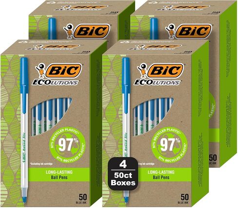 BIC Ecolutions Round Stic Ballpoint Pens, Medium Point (1.0mm), 200-Count Pack, Black Ink Pens Made from 97% Recycled Plastic in Saudi Arabia