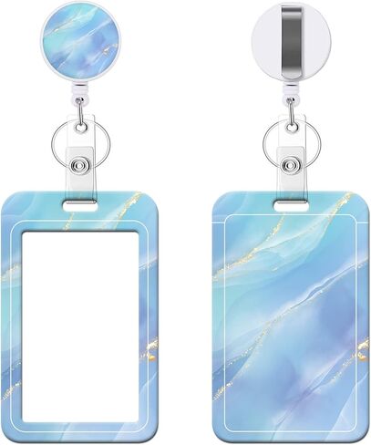 Retractable Badge Holder with Carabiner Reel Clip, Vertical ID Badge Holder with Keychain, 1 Pack Cute and Fashionable Badge Reel Card Pocket for Nurse Doctor Office School Teacher (Marble Grey) in Kuwait