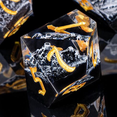مجموعة نرد DND من OUKELANWO من الراتنج D&D مع صندوق هدايا، ونرد زنزانات وتنينات فريدة من المناظر الطبيعية الجبلية، وحافة حادة متعددة السطوح RPG D وD نرد لعب الأدوار (أسود) in Saudi Arabia