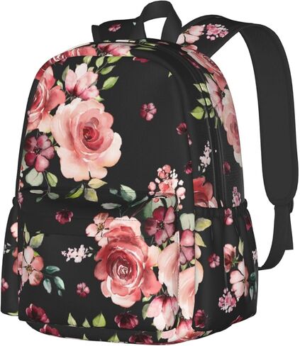 حقيبة كمبيوتر محمول عادية باللون الأسود من Flower Rose Black حقيبة كتب مدرسية حقيبة ظهر للسفر للأطفال في سن المراهقة صبي فتاة in Kuwait