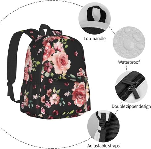 حقيبة كمبيوتر محمول عادية باللون الأسود من Flower Rose Black حقيبة كتب مدرسية حقيبة ظهر للسفر للأطفال في سن المراهقة صبي فتاة in Kuwait