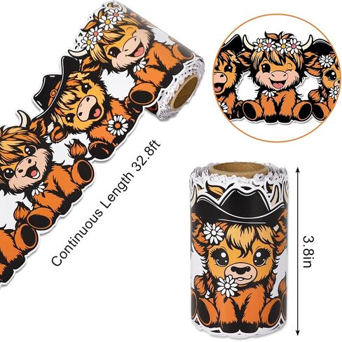 Whaline 32.8Ft Cartoon Highland Cow Bulletin Board Border Brown Cow Flower Die Cut Trim Border Roll for Classroom Home Party Supplies in Saudi Arabia