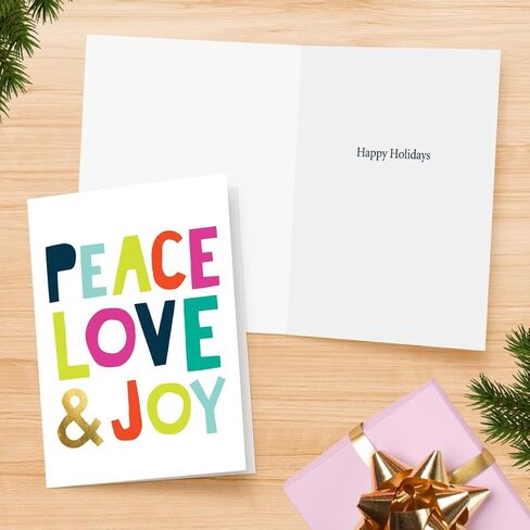 Artistic Happy Holidays Cards, Peace Love & Joy by Ampersand (6 Cards with White Envelopes) Perfect for Sending Holiday Wishes to Friends and Family in Kuwait