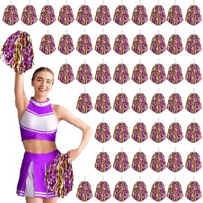 60 Pcs Cheerleading Pom Poms Cheering Pompoms Bulk Cheer Metallic Foil Pom Poms with Baton Handle Plastic Poms Squad for Game Team Spirit Sports Dancing Basketball Club(Blue, Gold)