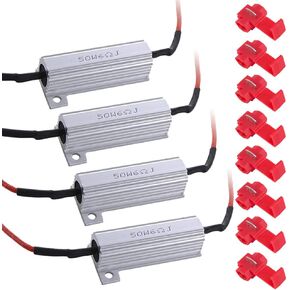 4PCS Dedicated Resistance Decoders For Automobiles,Silver 50W 6ohm,LED Bulb Turn Signal Lights Fast Hyper Flashing Canceller,Error Free Flash Controller,With 8PCS Quick Wire Clip