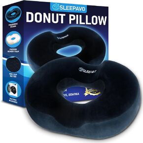 Sleepavo Donut Pillow Seat Cushion for Chair - Sitting Butt Donut Pillow Tailbone Pain Relief for Hemorrhoids, Coccyx, Sciatica, Bed Pressure Sores, Postpartum Pregnancy - Memory Foam Donut Cushion