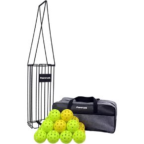 Pickleball Equipment Set, Pickleballs Retriever Basket Tennis Pickup Hopper with 20 Pack 40 Holes Pickleballs and Tote Bag Carrier