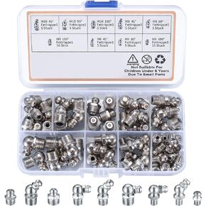 YOUYIDUN-60Pcs Metric Grease Fittings Kit,Straight and Angled Grease Zerk Kit, M6 M8 M10 1/4" 1/8" 45 90 Degree Hydraulic Grease Zerk Assortment for Angled Grease Guns Mechanical Component Lubrication
